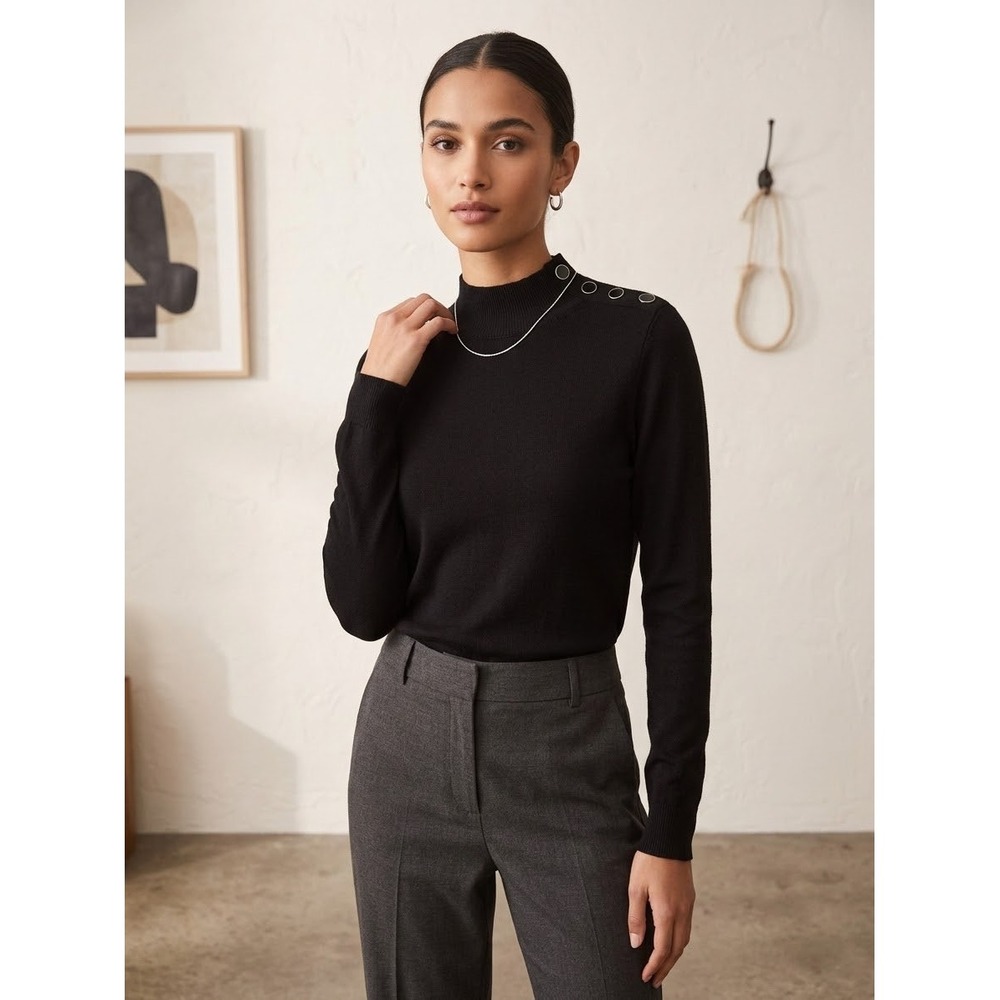 Sezane Black Merino Wool Button Shoulder Mock Neck Sweater S
